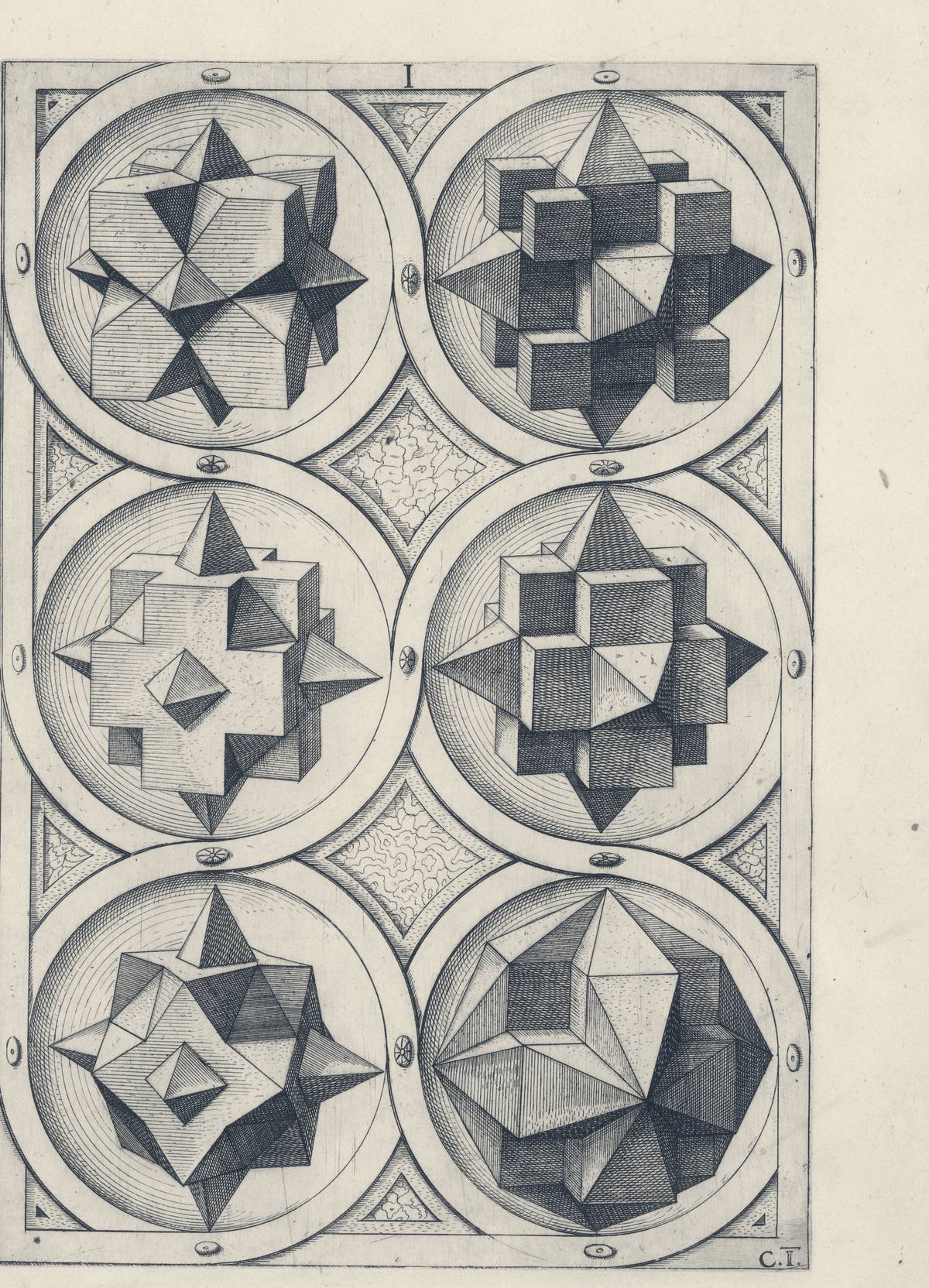 Engraved plate of six star polyhedra in circles, Jamnitzer, 1568
