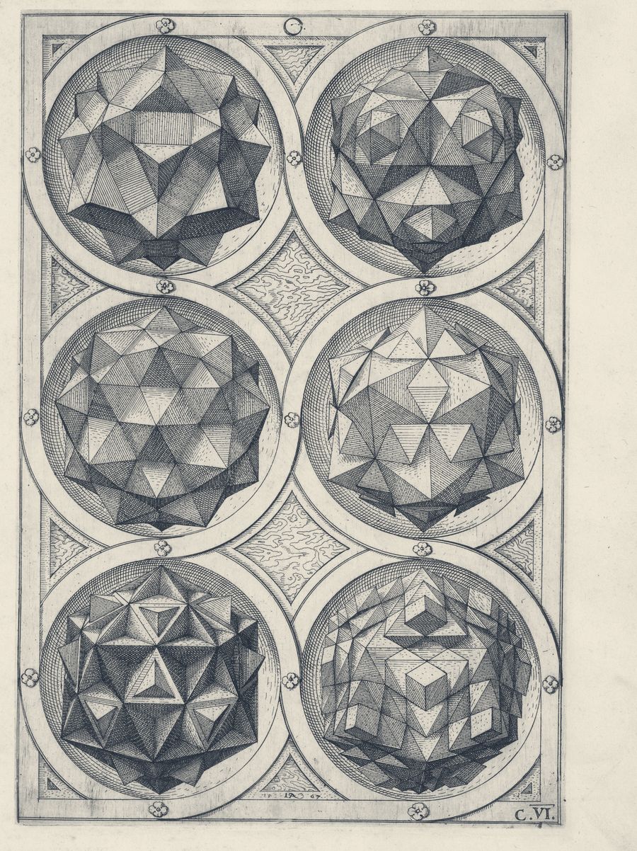 Engraved plate of regular polyhedra, Jamnitzer, Perspectiva corporum regularium, 1568